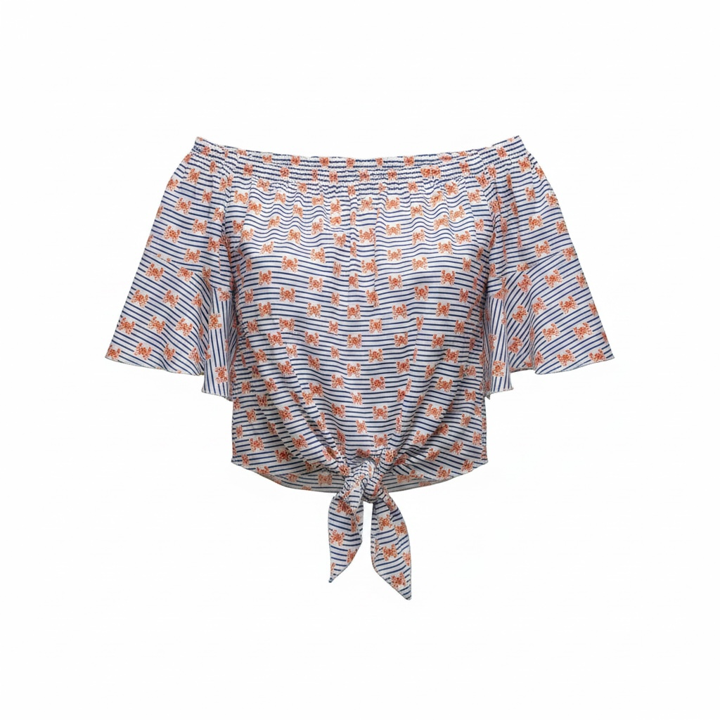 Nautical Bitcoin crab and stripe pattern off-shoulder blouse by Nikki Nakamoto at SVRN Society