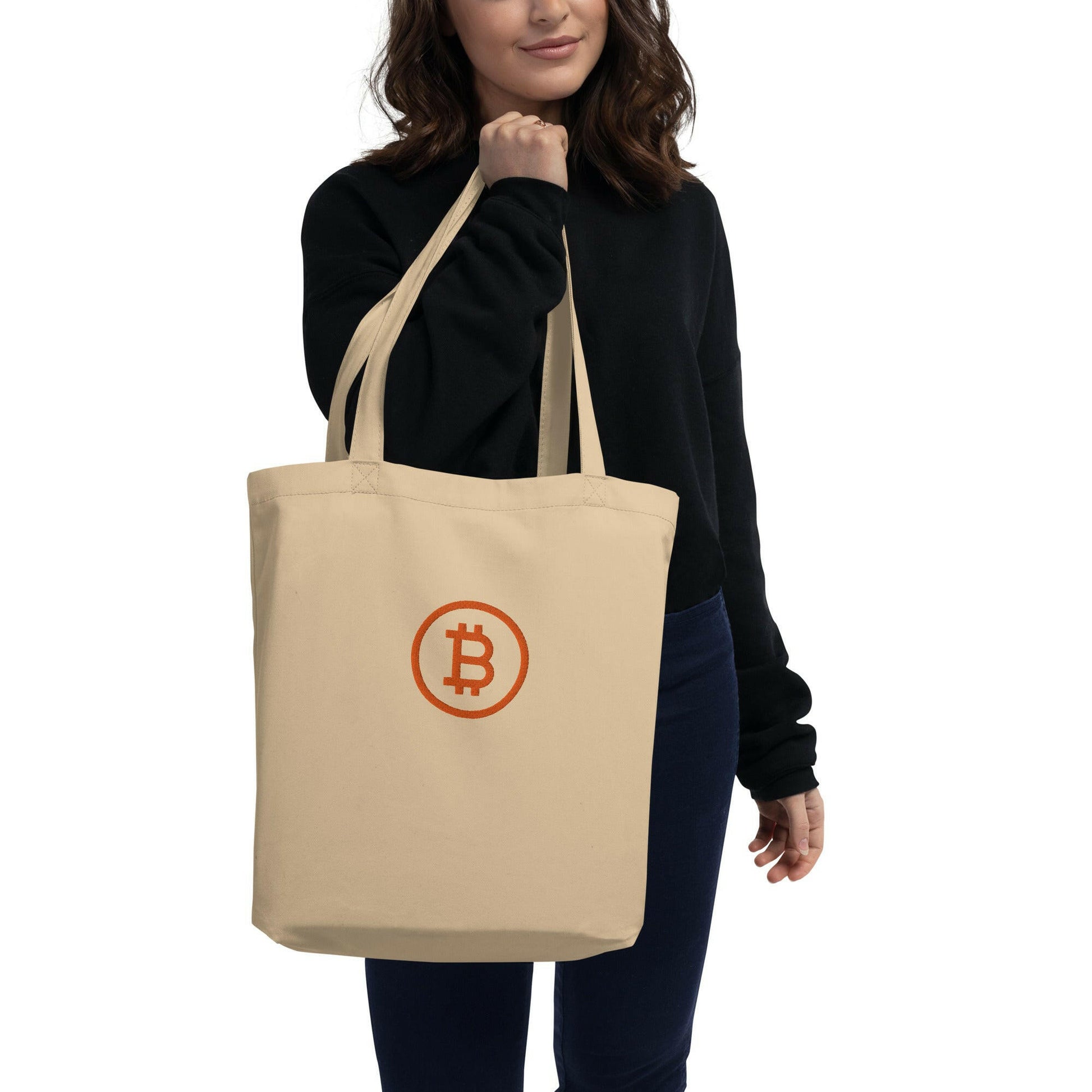 Branded / Organic Cotton Embroidered Bitcoin Tote Bag - Nikki Nakamoto Bags - The Orange Habit