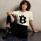 woman wearing cream colored THE B | Premium Bitcoin T-shirt with large black bitcoin b by Nikki Nakamoto - The Orange Habit