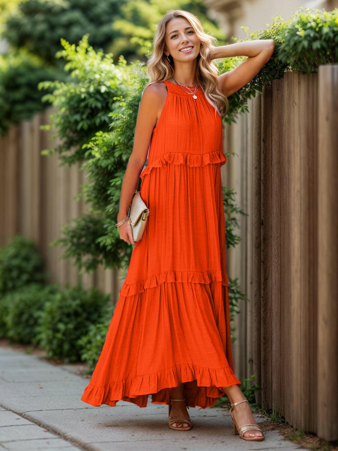 Boutique / Ruffled Sleeveless Tiered Maxi Dress with Pockets - Orange Habit Boutique - The Orange Habit