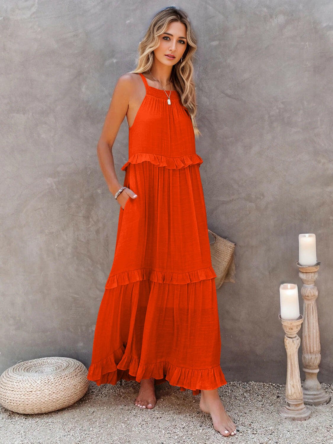 Boutique / Ruffled Sleeveless Tiered Maxi Dress with Pockets - Orange Habit Boutique - The Orange Habit