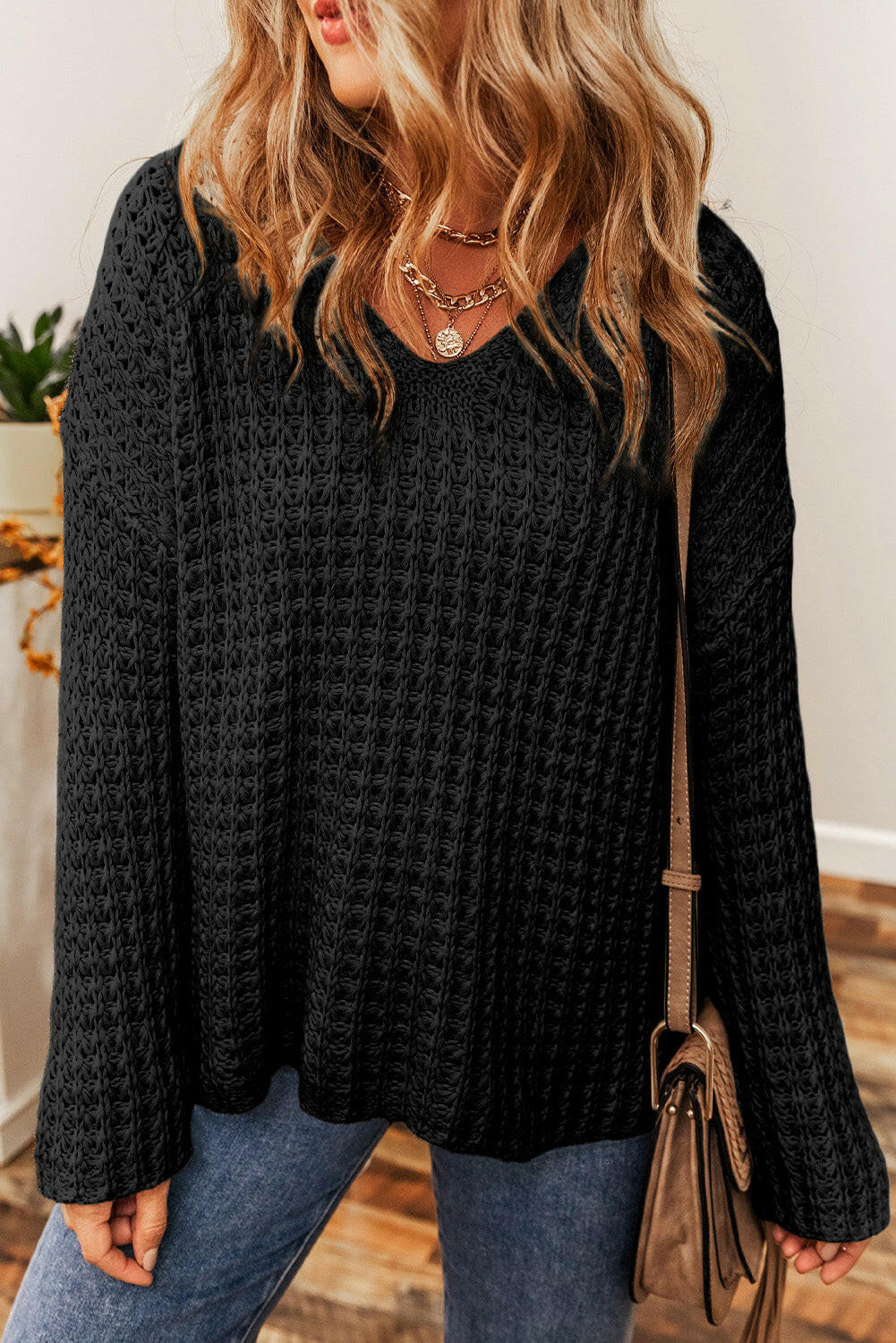 Boutique / Openwork Round Neck Long Sleeve Sweater - Orange Habit Boutique - The Orange Habit