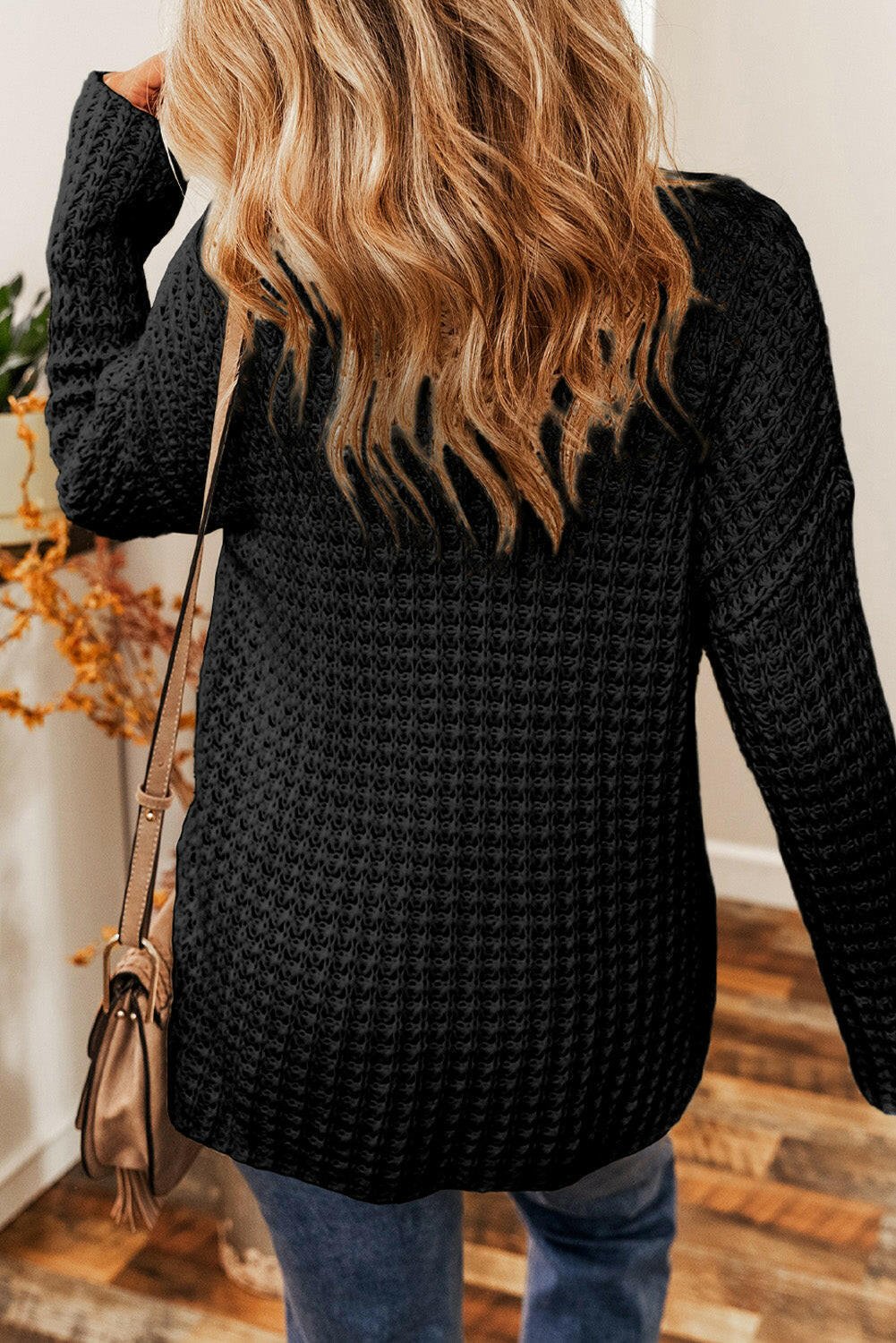 Boutique / Openwork Round Neck Long Sleeve Sweater - Orange Habit Boutique - The Orange Habit