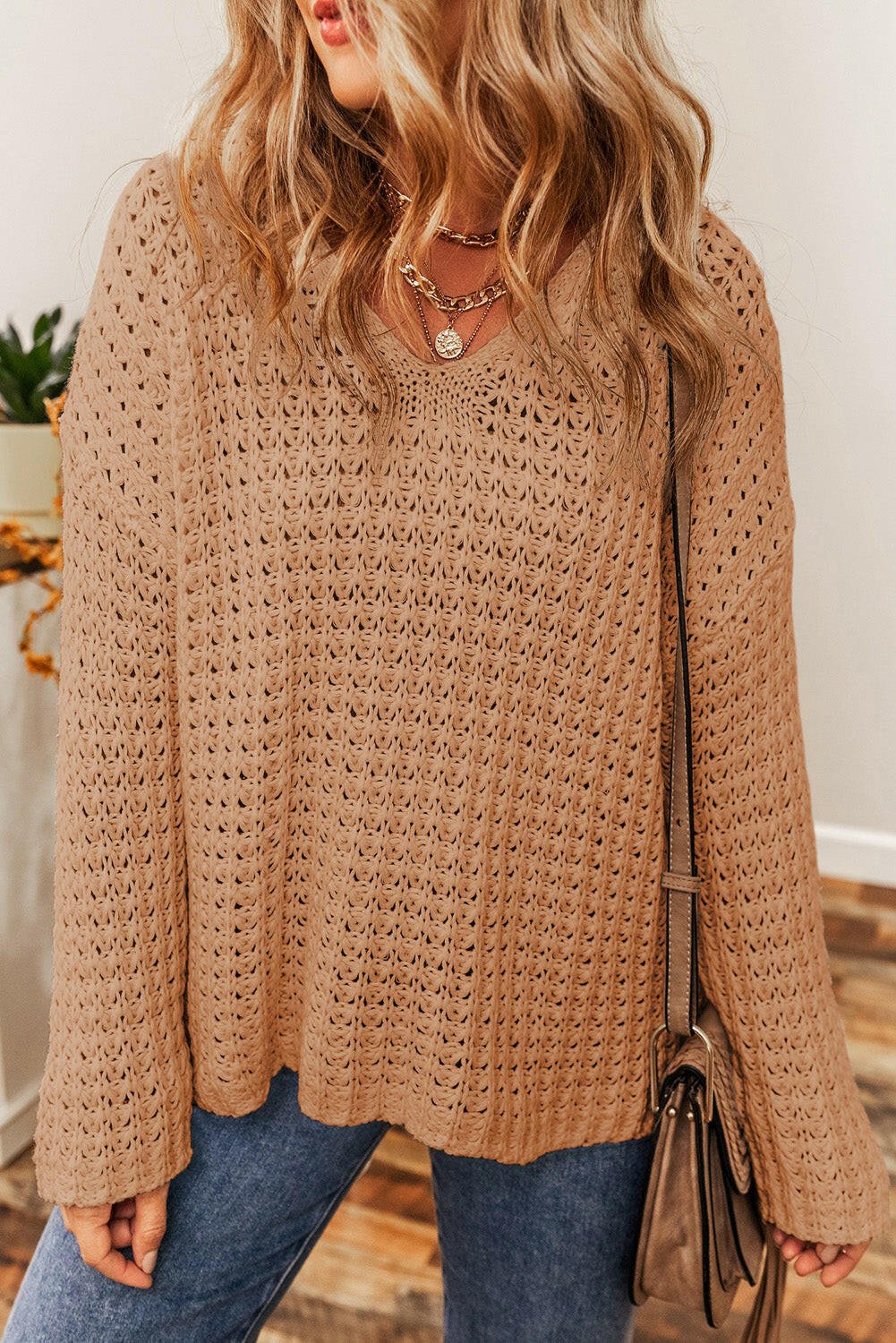 Boutique / Openwork Round Neck Long Sleeve Sweater - Orange Habit Boutique - The Orange Habit