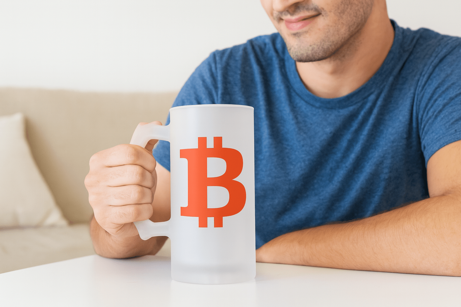 Person sitting next to Bitcoin mug