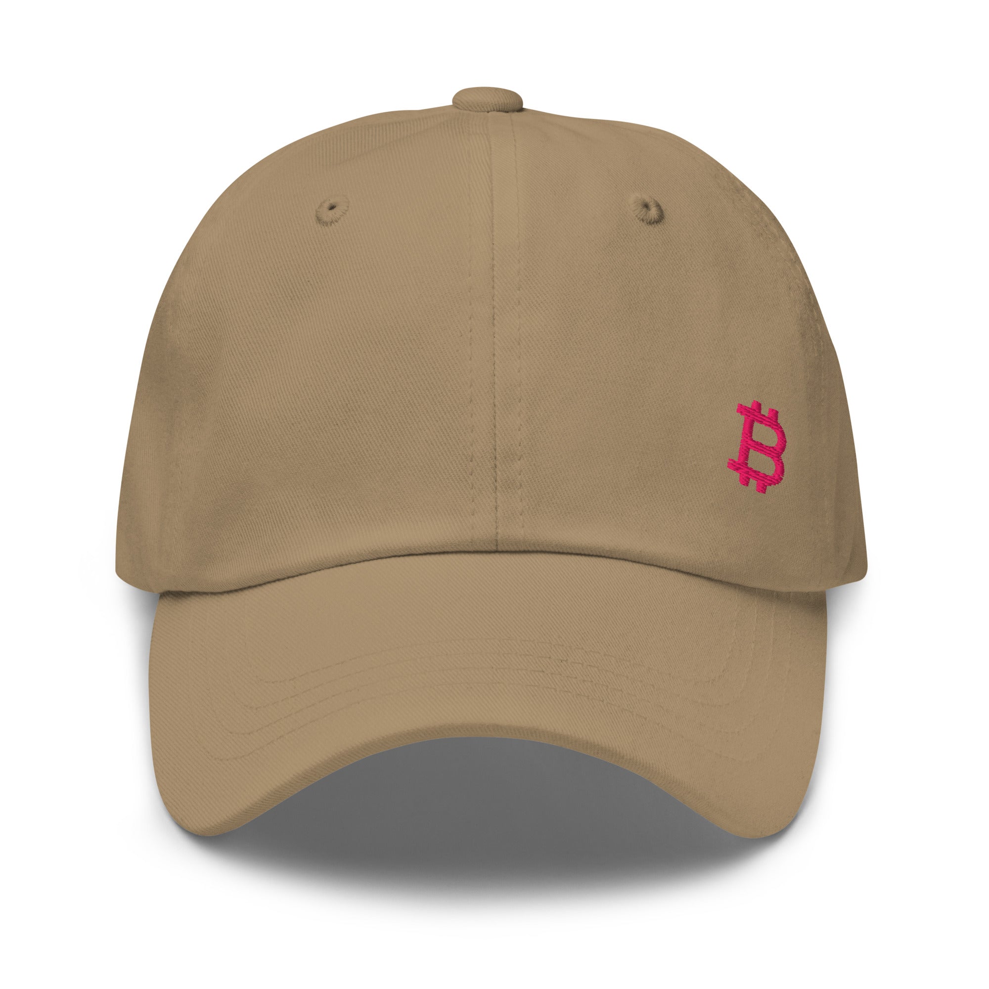 Khaki dad hat with a pink bitcoin logo by the orange habit (khaki)