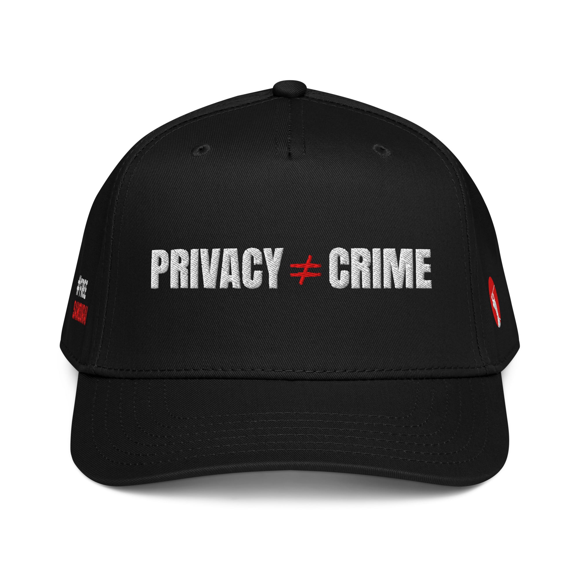 Black cap with 'PRIVACY ≠ CRIME' text on a white background - SVRN Society