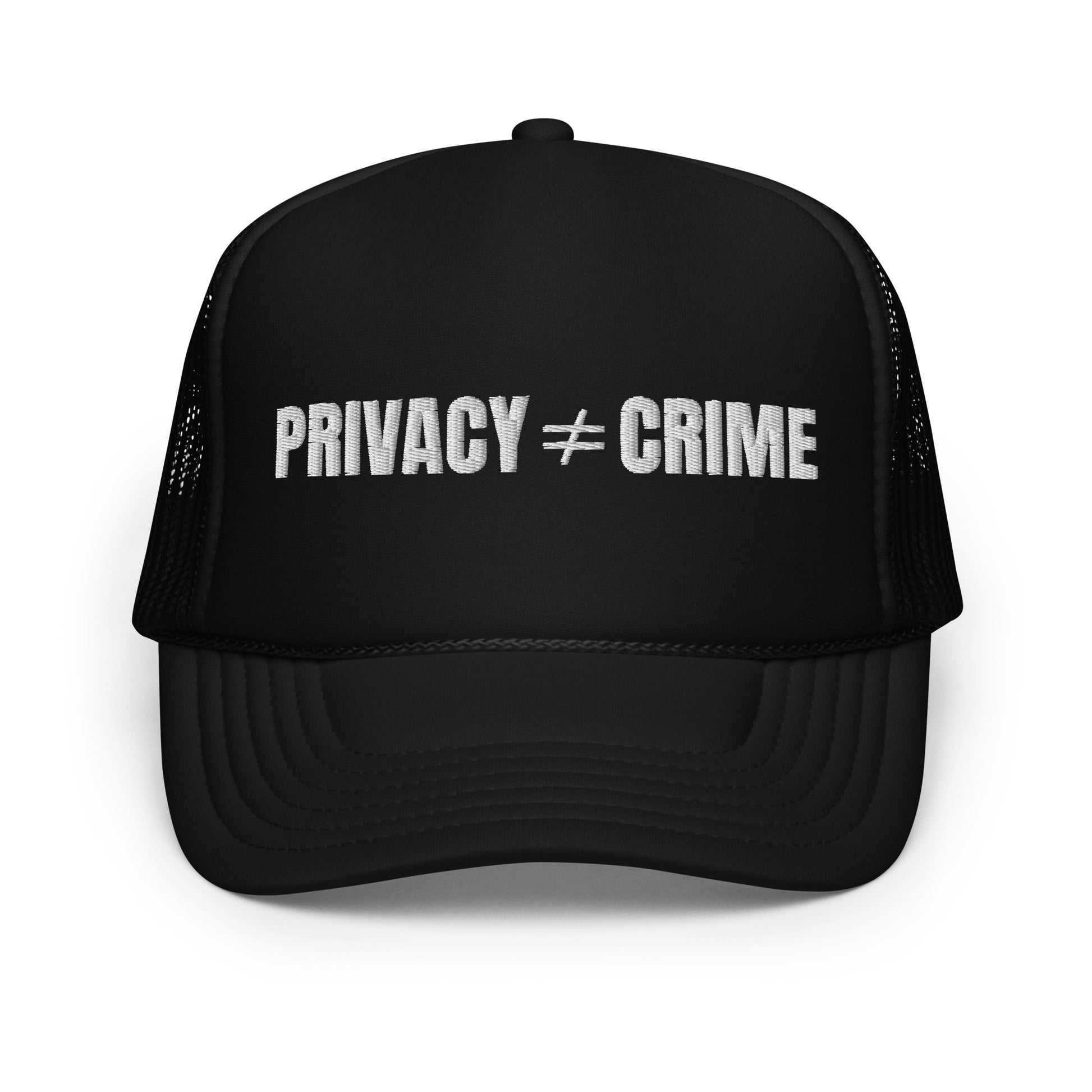 Black cap with 'PRIVACY ≠ CRIME' text on a white background