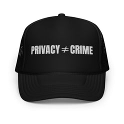 Black cap with 'PRIVACY ≠ CRIME' text on a white background