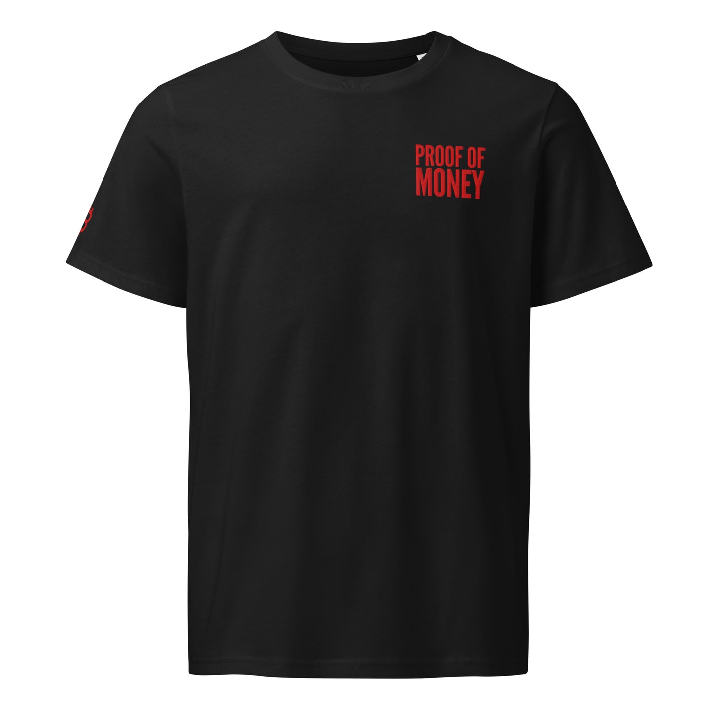 black bitcoin t-shirt with red Proof of money embroidery | SVRN Society
