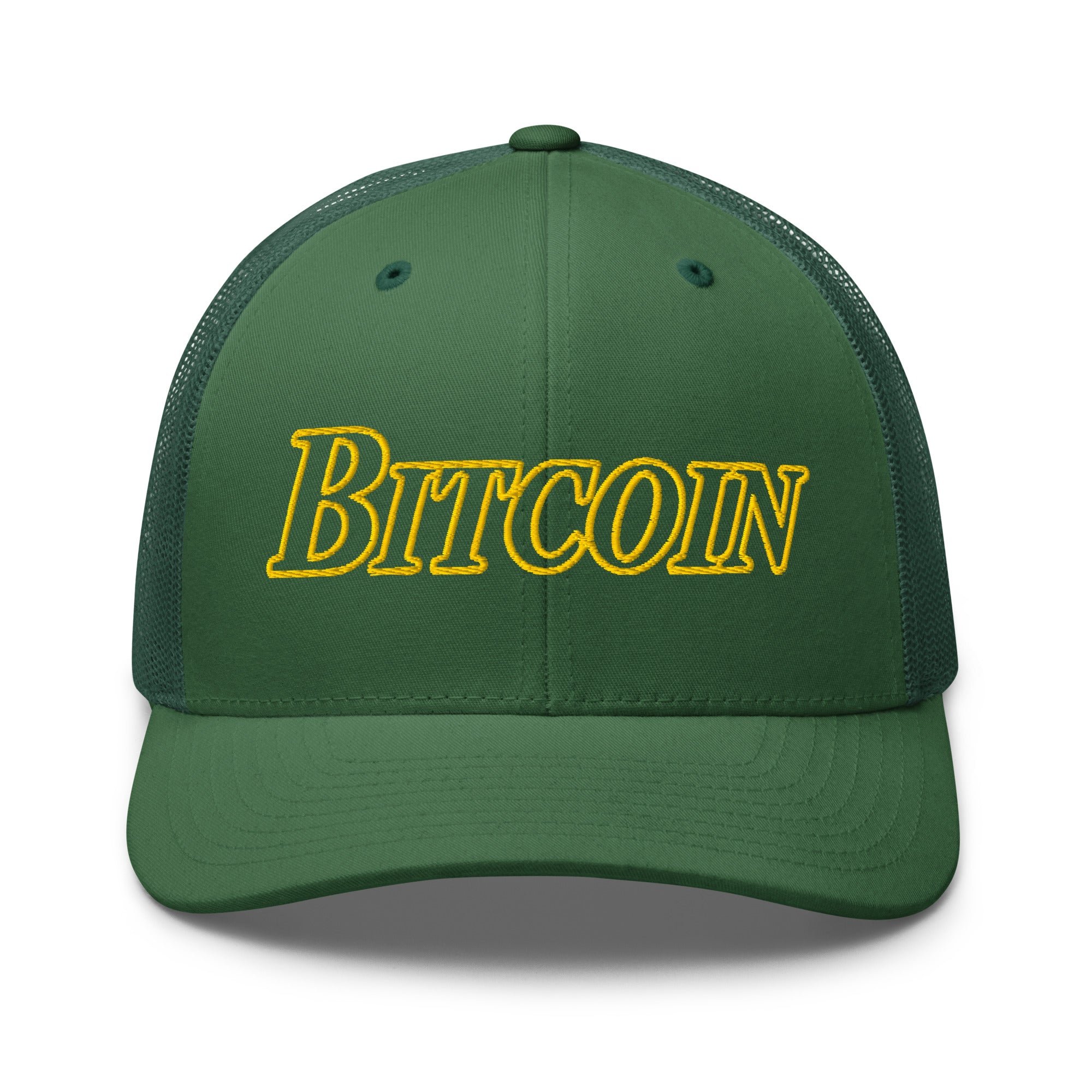 Green Bitcoin cap with 'Bitcoin' in yellow on a white background, by SVRN Society