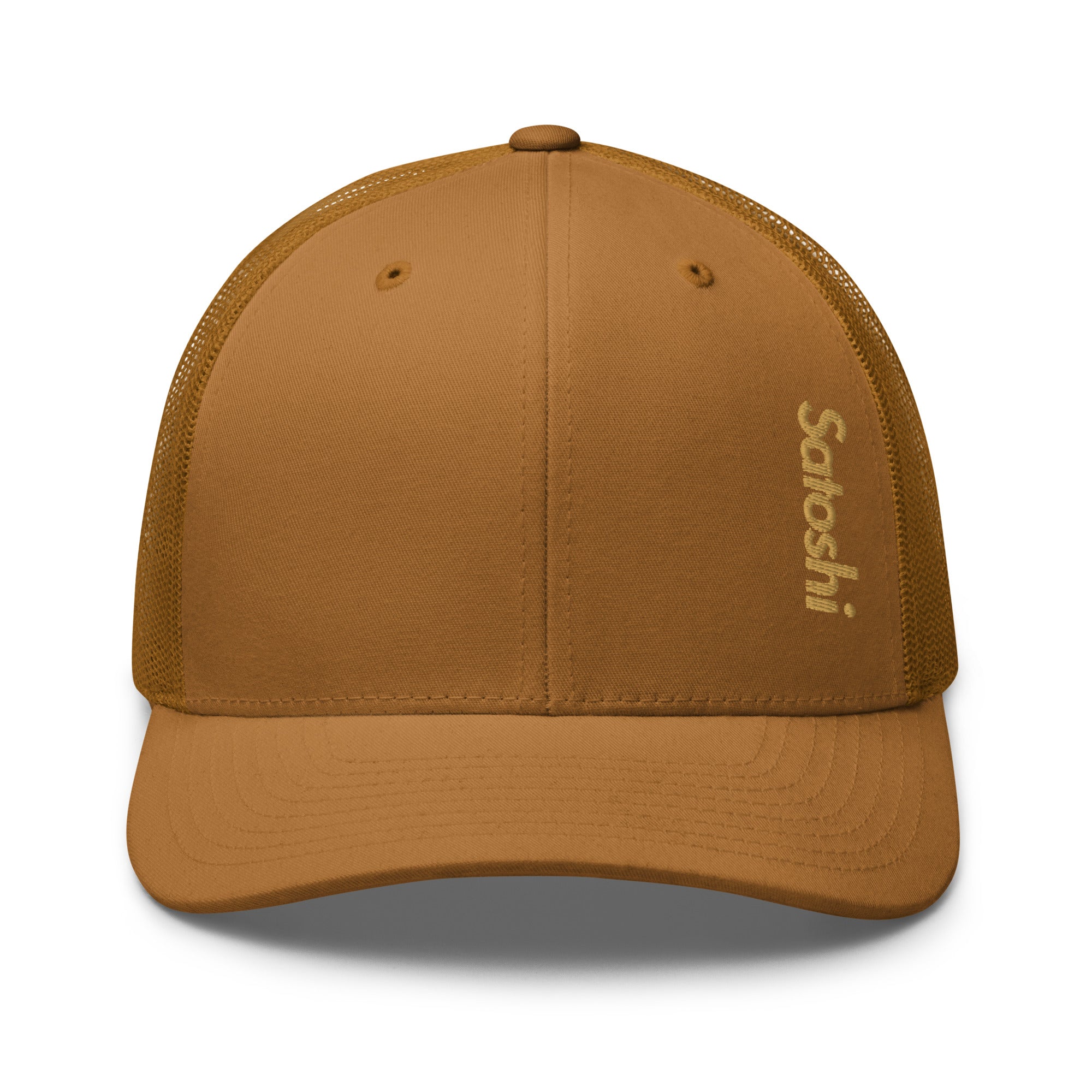 satoshi brown bitcoin trucker hat on white background.