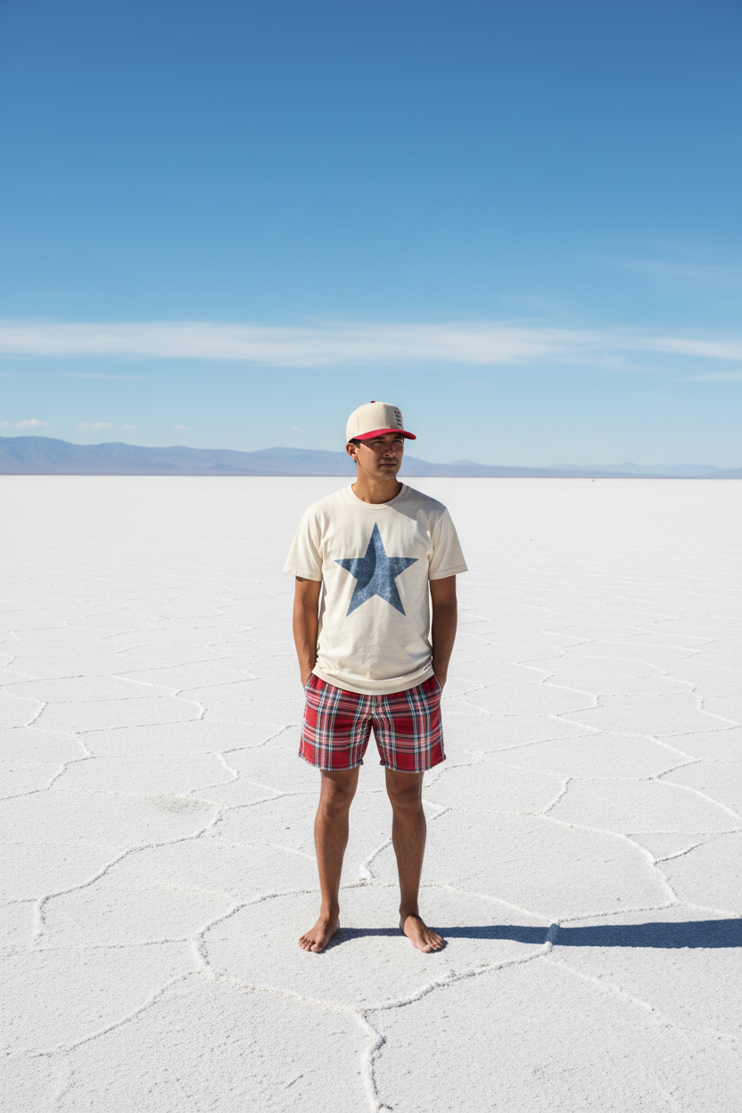 Person standing on a salt flat wearing a Satoshi Nakamoto cap and t-shirt with a star design.