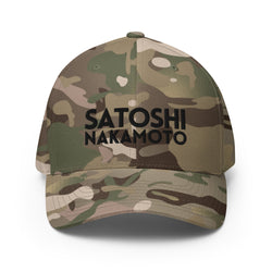Satoshi Nakamoto fitted bitcoin camo hat with black embroidery - SVRN Society