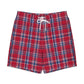 Satoshi Nakamoto men's plaid board shorts on white background