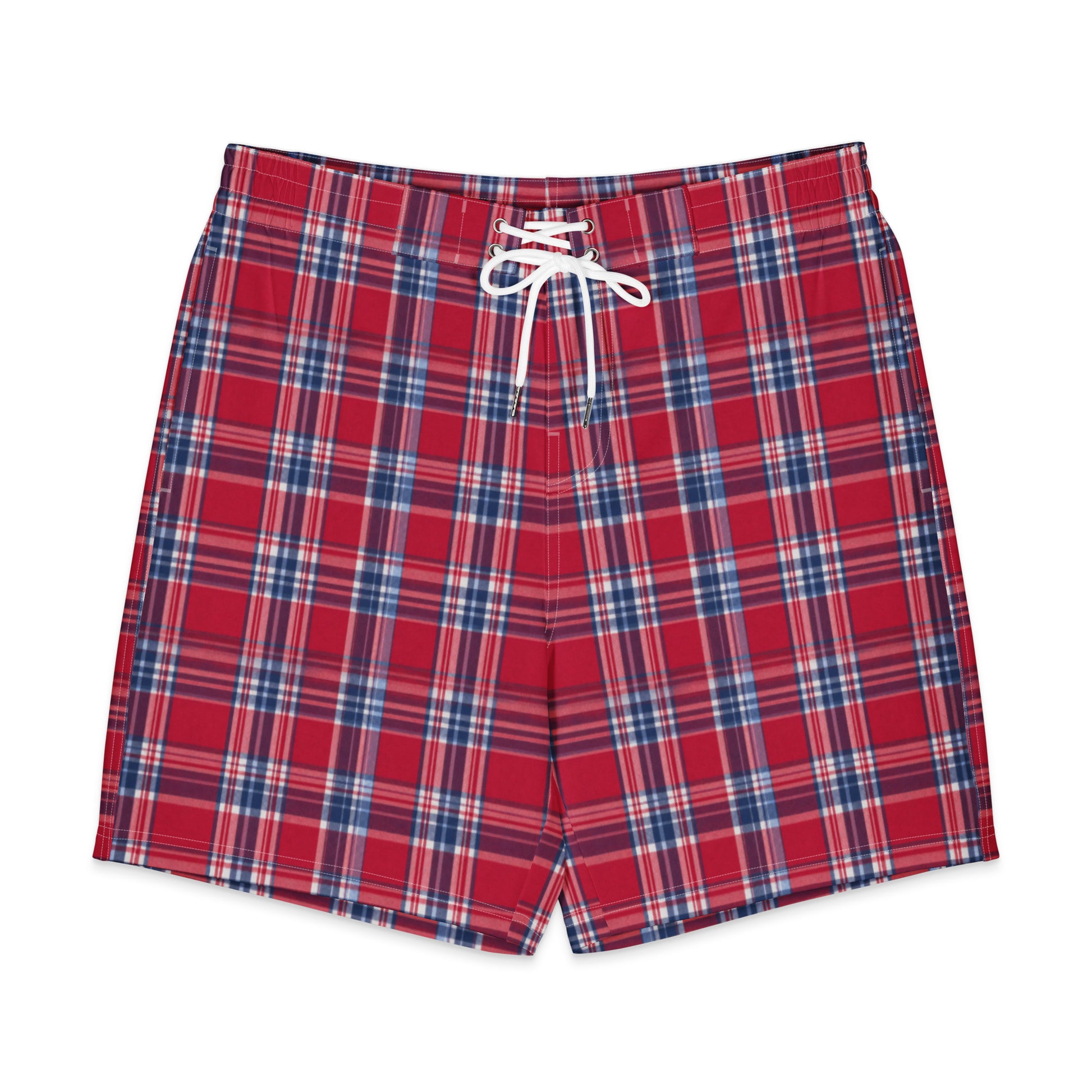 Satoshi Nakamoto men's plaid board shorts on white background
