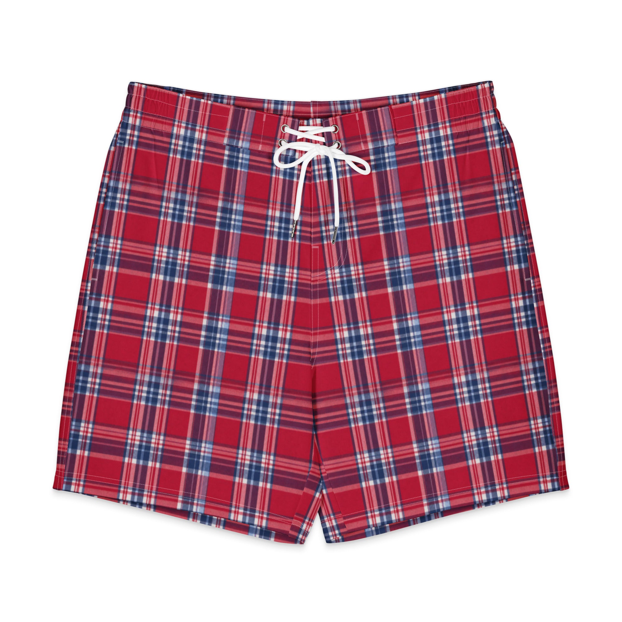 Satoshi Nakamoto men's plaid board shorts on white background