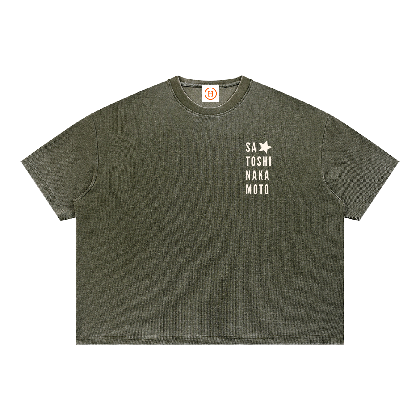 Green satoshi nakamoto t-shirt with white text on a white background