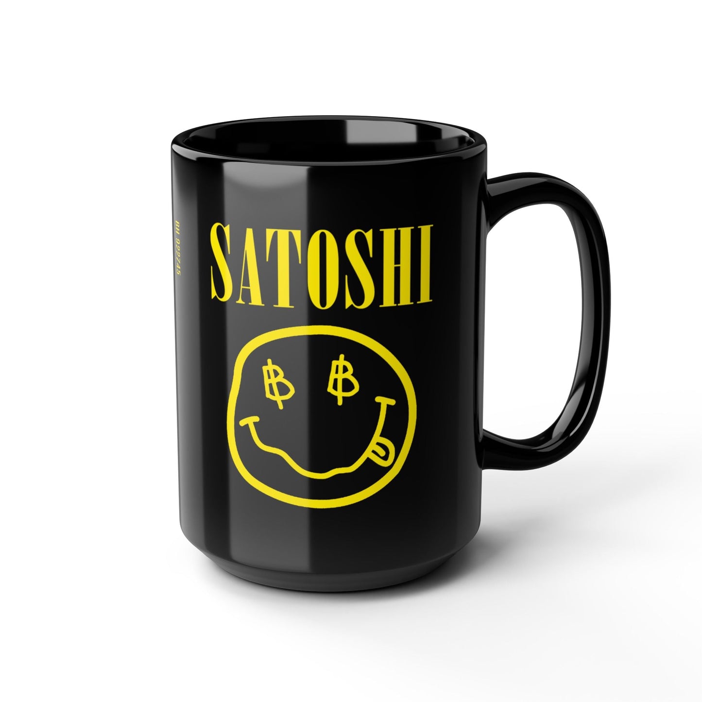 Black Satoshi Smiles Bitcoin mug by The Orange Habit at SVRN Society