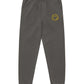 Gray bitcoin sweatpants with a yellow satoshi smiley face logo on a white background