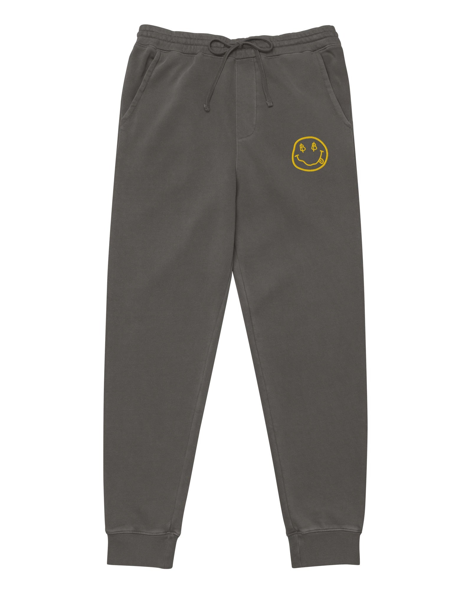 Gray bitcoin sweatpants with a yellow satoshi smiley face logo on a white background