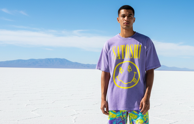 Satoshi Smiles: Camiseta extragrande de algodón lavada con nieve