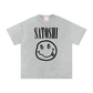 (Light Gray) Bitcoin t-shirt with 'Satoshi' and smiley face design on a white background - SVRN Society