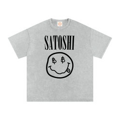 (Light Gray) Bitcoin t-shirt with 'Satoshi' and smiley face design on a white background - SVRN Society