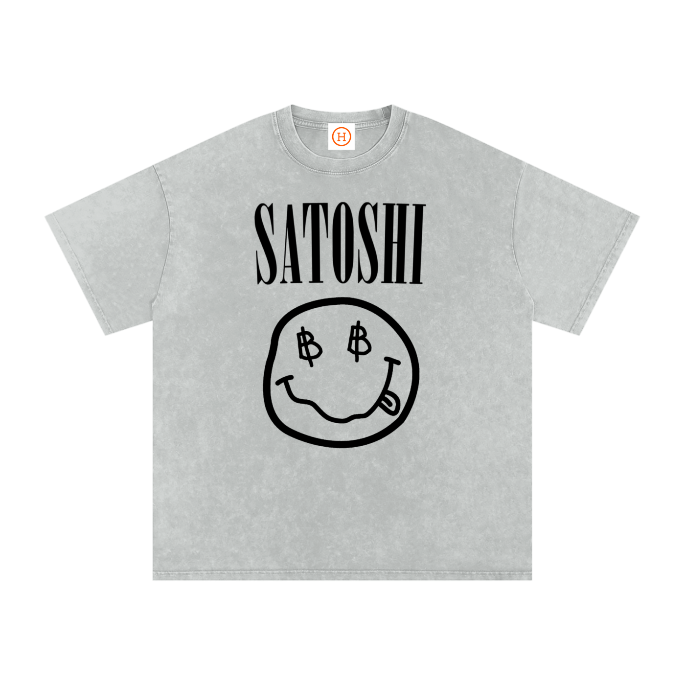 (Light Gray) Bitcoin t-shirt with 'Satoshi' and smiley face design on a white background - SVRN Society
