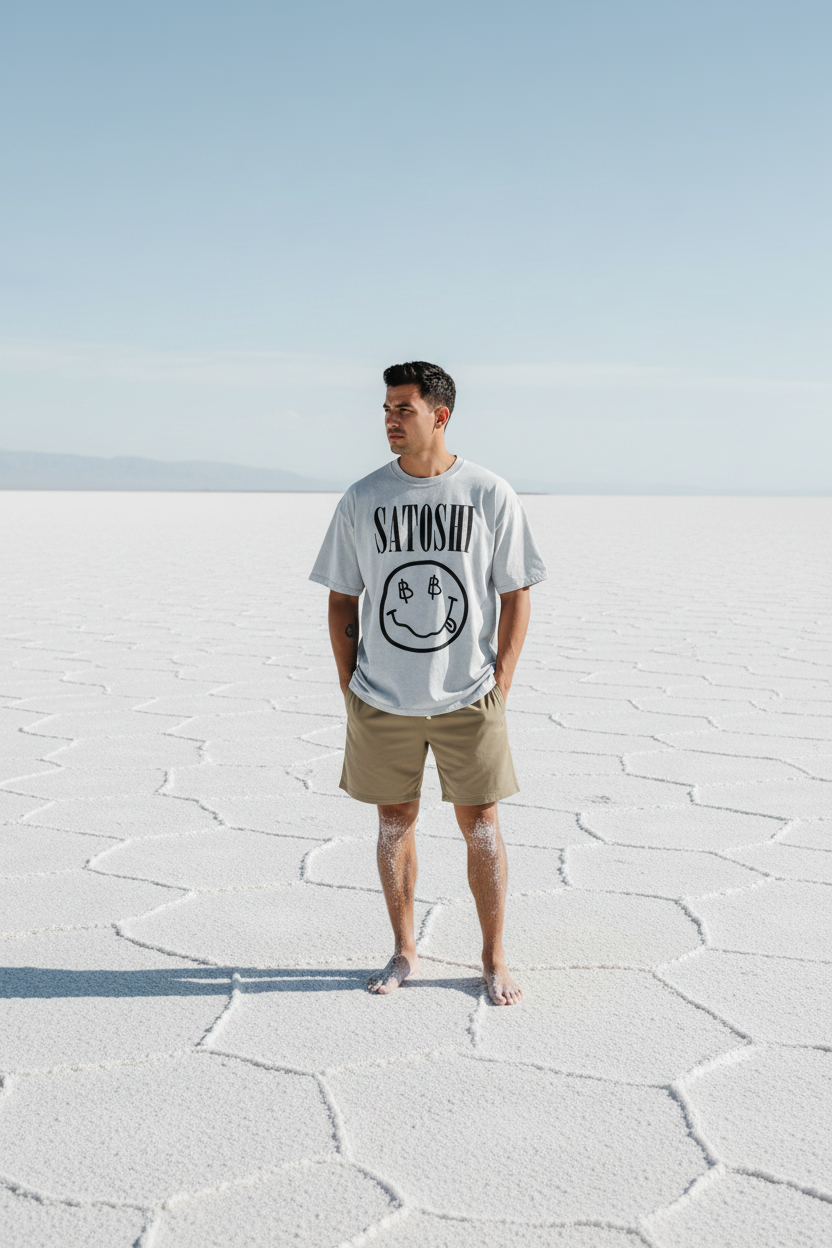 Man wearing a t-shirt with a Satoshi smiley face design and text standing on a salt flat. - SVRN Society