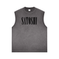 Gray sleeveless satoshi smiles shirt with 'Satoshi' printed on a white background - svrn society