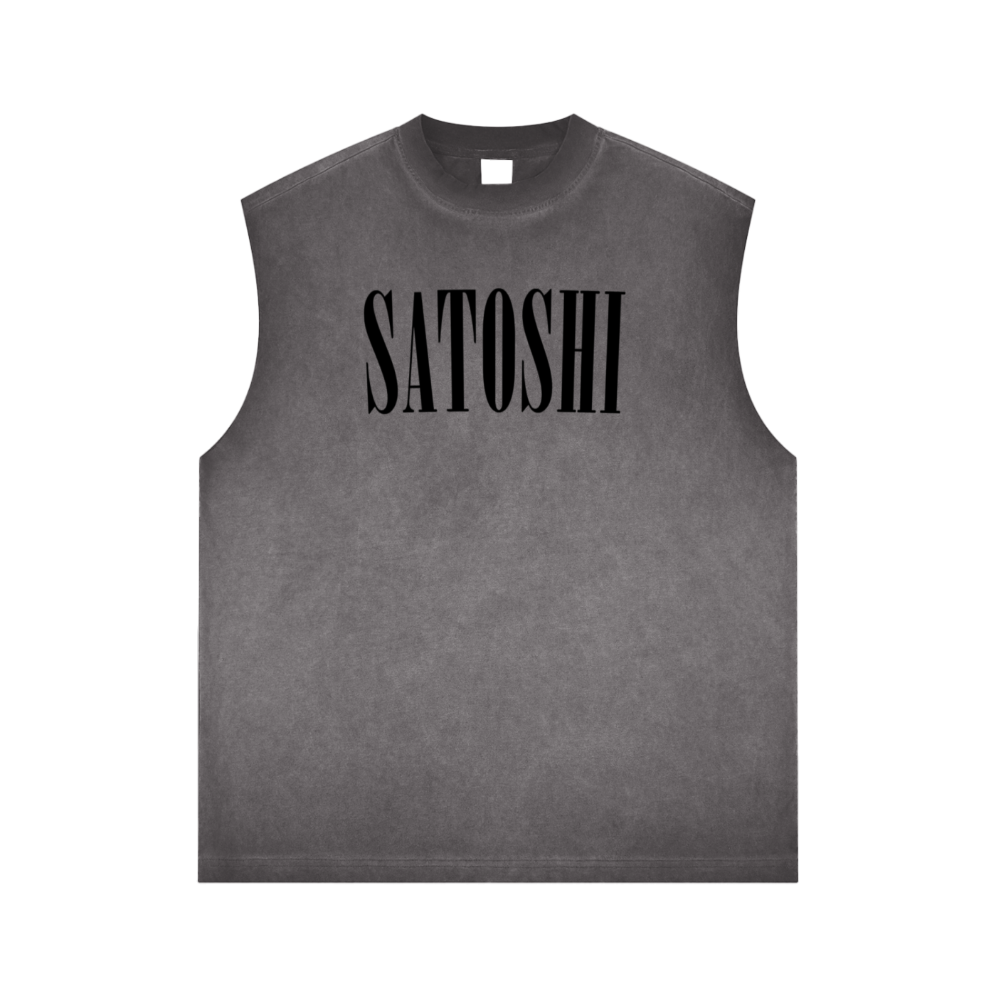 Gray sleeveless satoshi smiles shirt with 'Satoshi' printed on a white background - svrn society