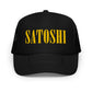 satoshi smiles black foam Bitcoin trucker cap on white background