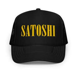 satoshi smiles black foam Bitcoin trucker cap on white background