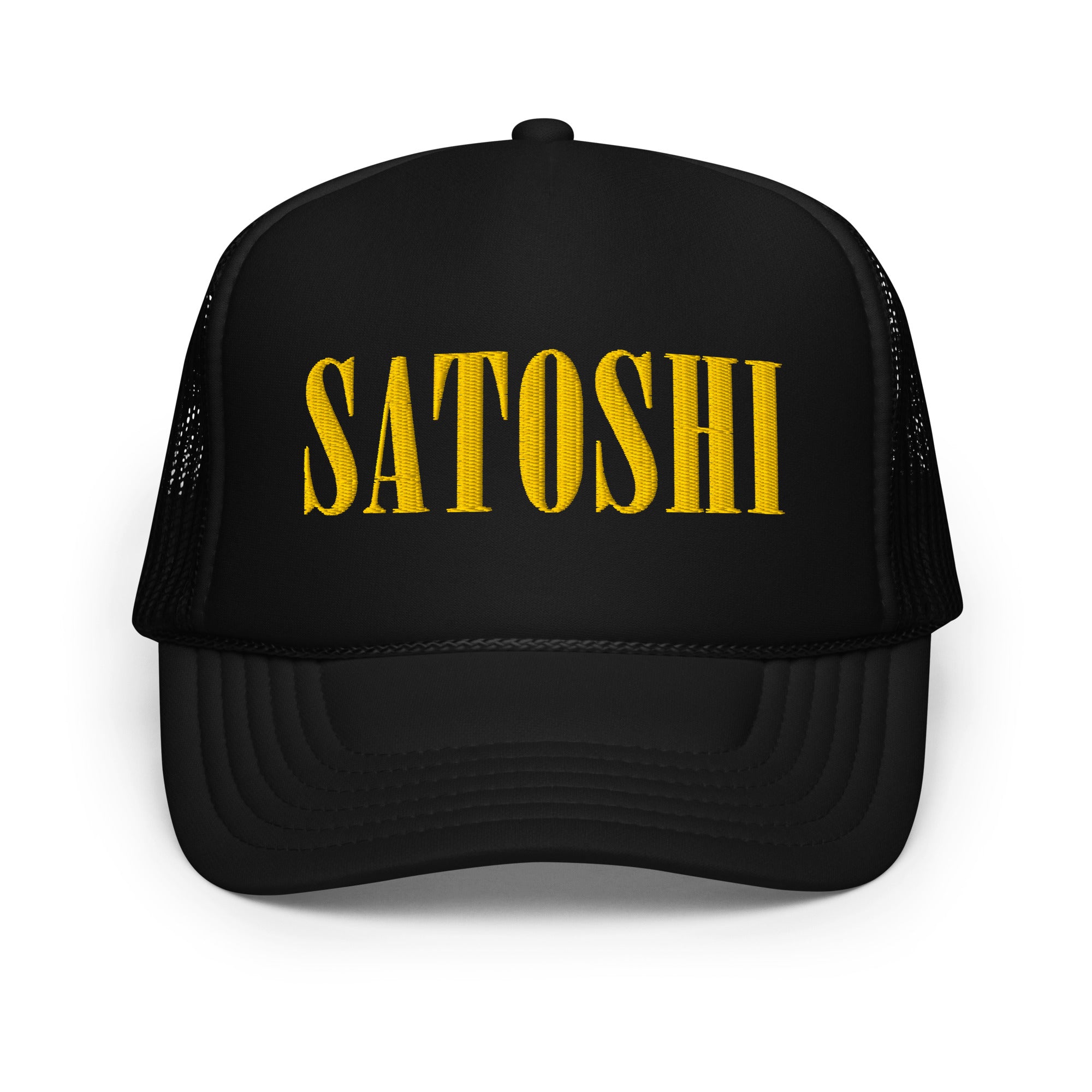 satoshi smiles black foam Bitcoin trucker cap on white background