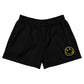Satoshi Smiles Black Bitcoin shorts with a yellow smiley face logo on a white background by SVRN Society