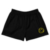 Satoshi Smiles Black Bitcoin shorts with a yellow smiley face logo on a white background by SVRN Society