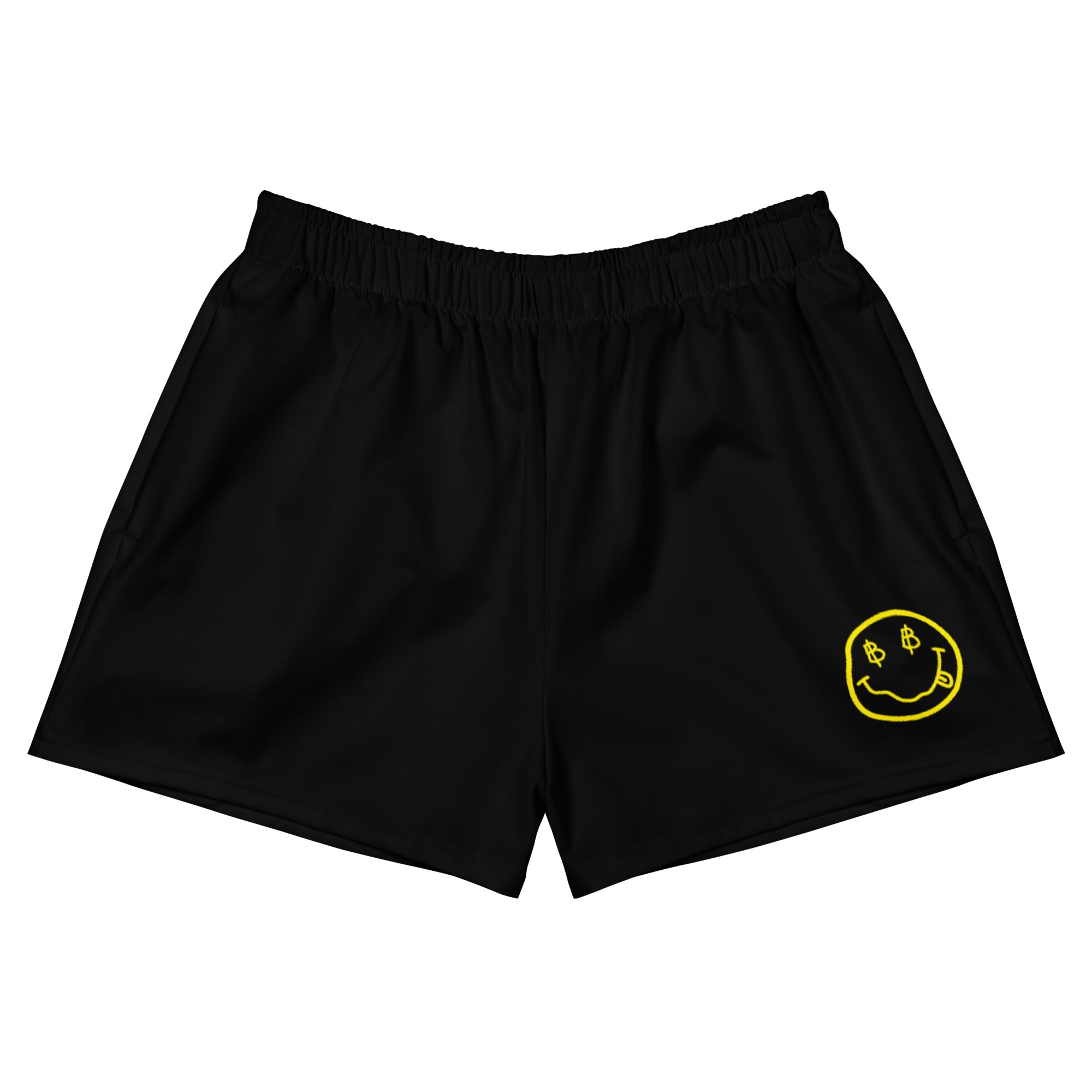 Satoshi Smiles Black Bitcoin shorts with a yellow smiley face logo on a white background by SVRN Society