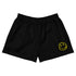 Satoshi Smiles Black Bitcoin shorts with a yellow smiley face logo on a white background by SVRN Society