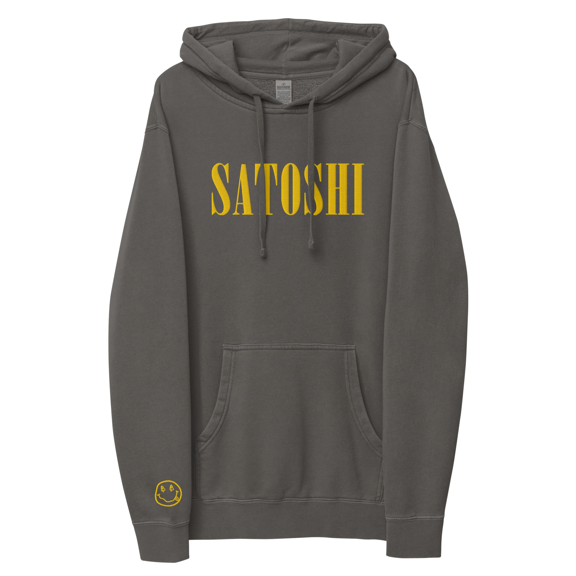 satoshi smiles oversized bitcoin hoodie in grey black on a white background