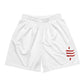 White bitcoin shorts with a red sats symbol on a white background - svrn society