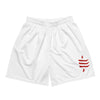 White bitcoin shorts with a red sats symbol on a white background - svrn society