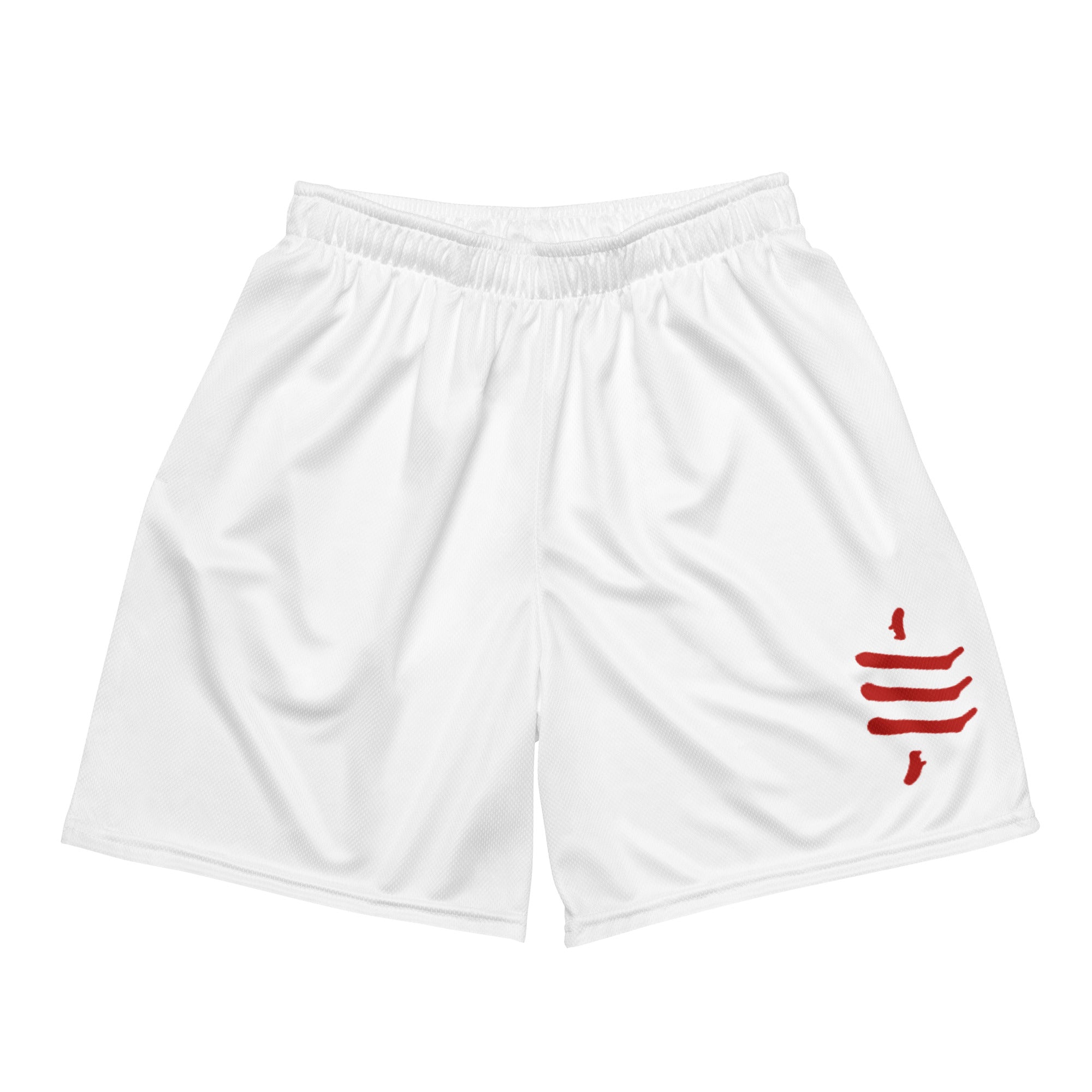White bitcoin shorts with a red sats symbol on a white background - svrn society