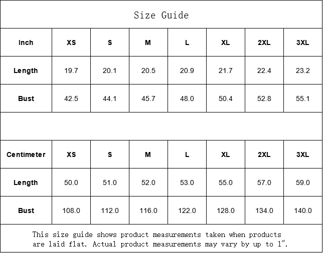 Size guide chart for clothing measurements in inches and centimeters.
