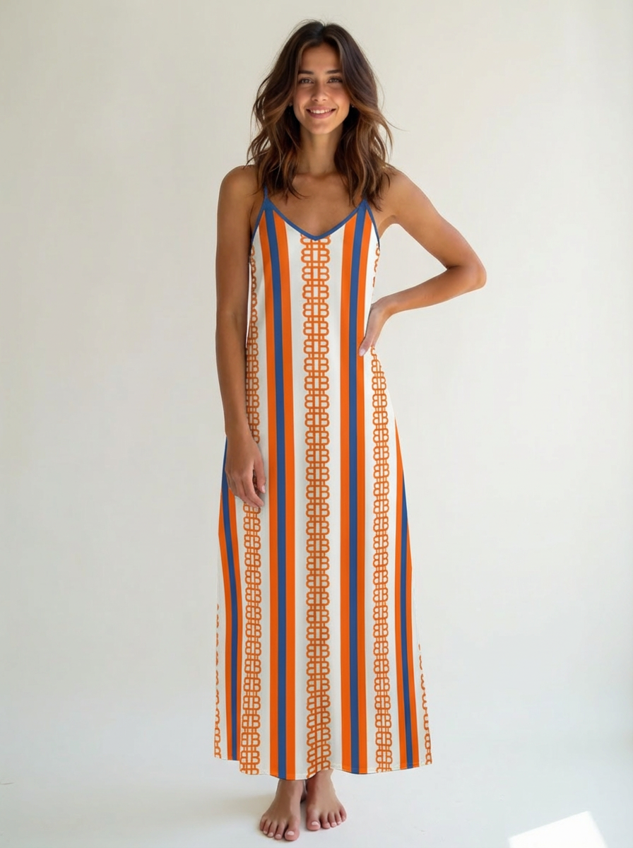 Woman wearing a striped Bitcoin dress with orange and blue pattern on a white background