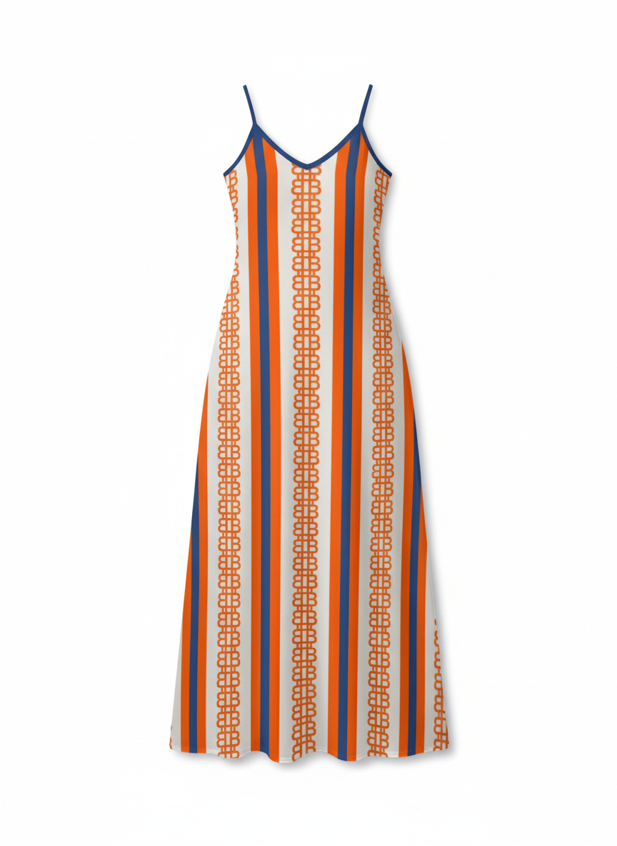 Striped bitcoin dress with orange and blue pattern on a white background