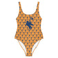 Bitcoin orange and blue one-piece swimsuit by nikki nakamoto at SVRN Society