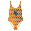 Bitcoin orange and blue one-piece swimsuit by nikki nakamoto at SVRN Society