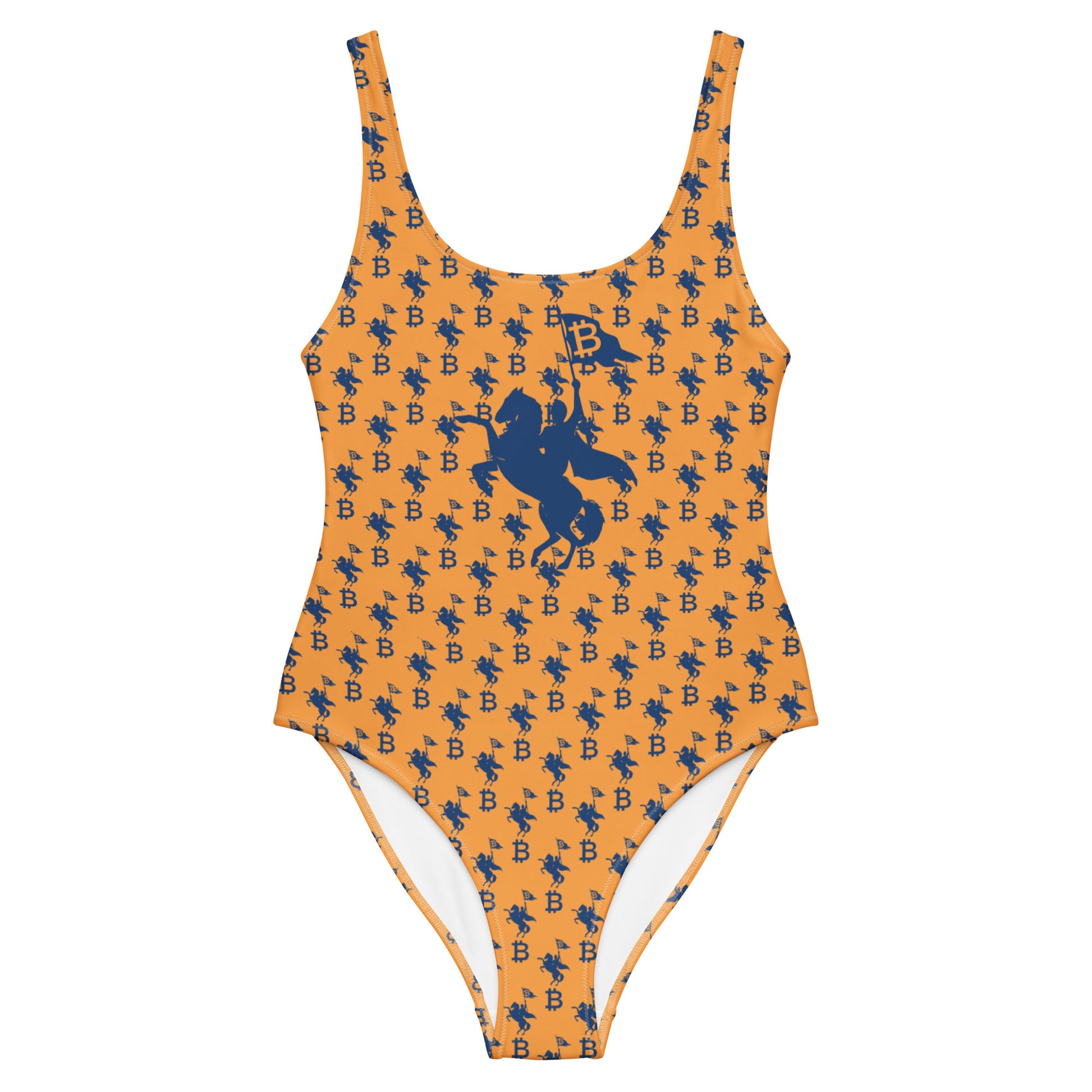 Bitcoin orange and blue one-piece swimsuit by nikki nakamoto at SVRN Society