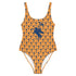 Bitcoin orange and blue one-piece swimsuit by nikki nakamoto at SVRN Society
